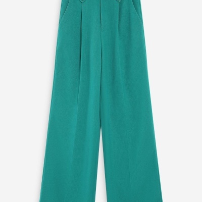 Calças verdes de tecido com corte largo e cintura alta