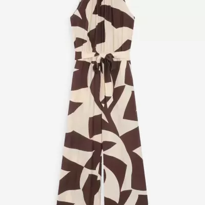 Macacão comprido sem mangas padrão creme e castanho com cinto