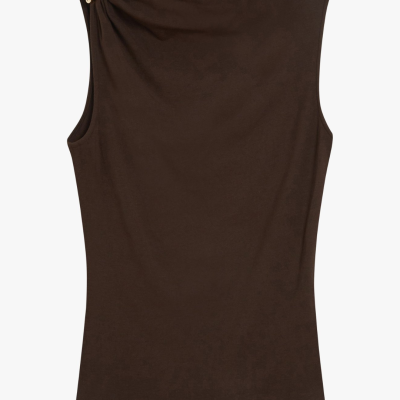 Top castanho sem mangas com detalhe dourado no ombro e etiqueta GRACE & MILA PARIS