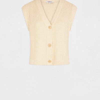 Colete feminino de malha bege com botões frontais