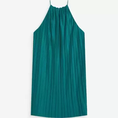Vestido verde água de alças finas com textura plissada e decote franzido