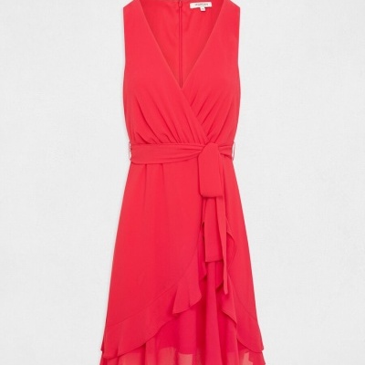 Vestido vermelho feminino com decote em V e babados
