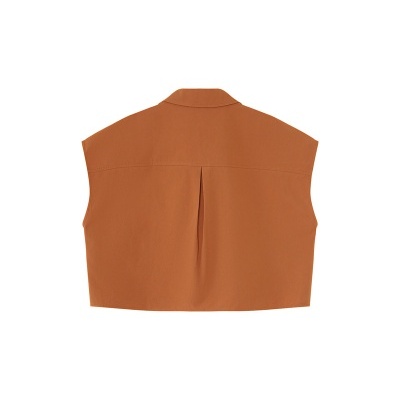 Camisa feminina castanha alaranjada sem mangas vista de costas