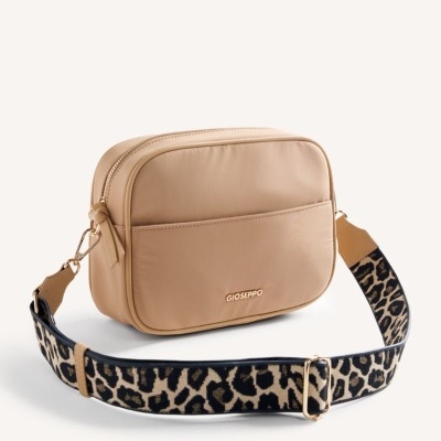 Mala pequena bege com alça de padrão leopardo