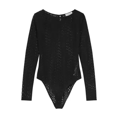 Body preto texturizado com mangas compridas e decote redondo