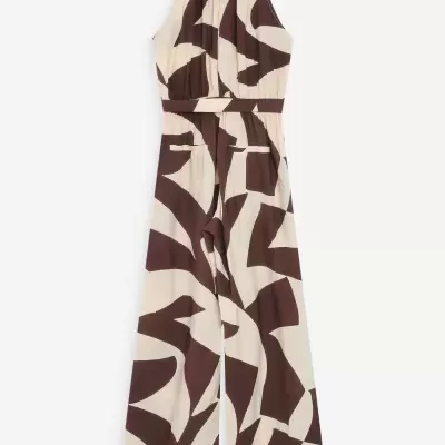 Macacão longo feminino com padrão abstrato creme e castanho