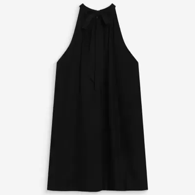 Vestido preto sem mangas com laço na gola