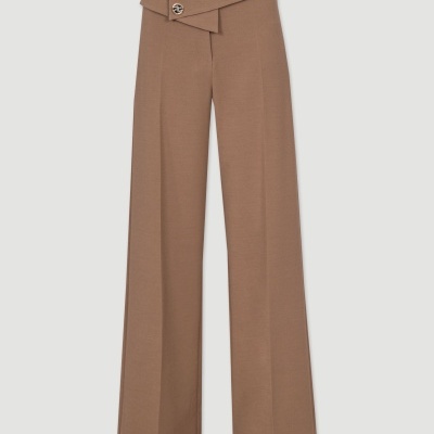 Calças largas castanhas com cós assimétrico e botões