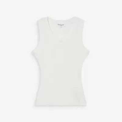 T-shirt branca sem mangas com decote redondo e logótipo bordado ao centro