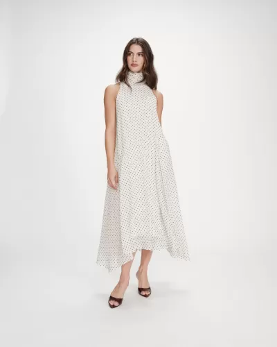 Vestido midi branco com pequenos pontos pretos e gola alta