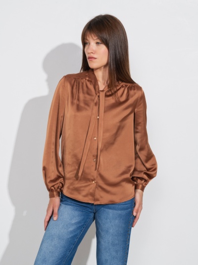 Blusa de cetim castanha com botões dourados e mangas compridas