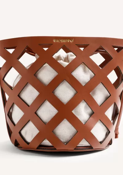 Mala cesto castanho com saco interior de tecido cru