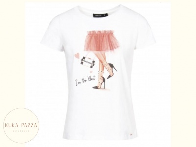T-shirt branca com estampado de pernas femininas e texto 'I'm the Best'