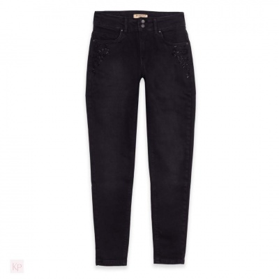 Calças pretas de ganga com pedraria em bolsos frontais