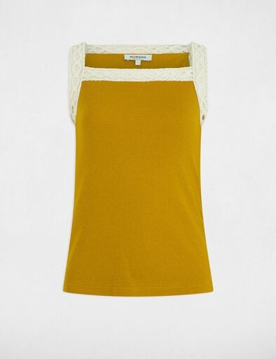 Top amarelo com detalhe em renda branca e etiqueta MORGAN