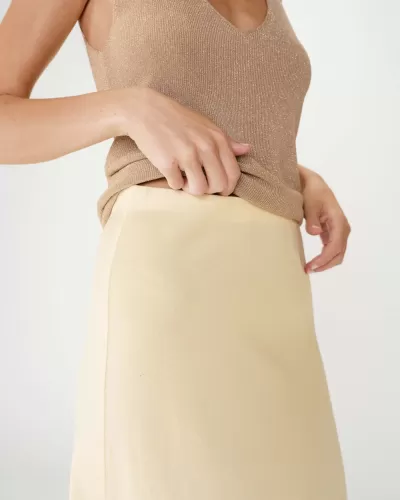 Pessoa vestindo top castanho claro brilhante e saia creme clara lisa
