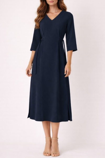 Vestido midi azul escuro com mangas compridas e decote em V