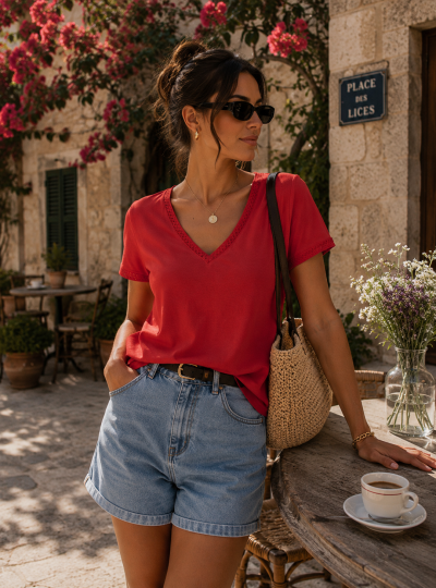 Pessoa com roupa casual de verão vermelha e azul numa praça com muro de pedra e flores