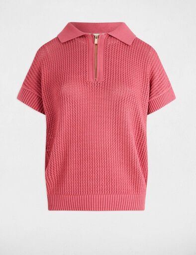 Camisa de malha rosa com gola polo e fecho de correr