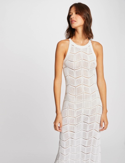 Vestido comprido branco de malha com padrão geométrico e alças largas