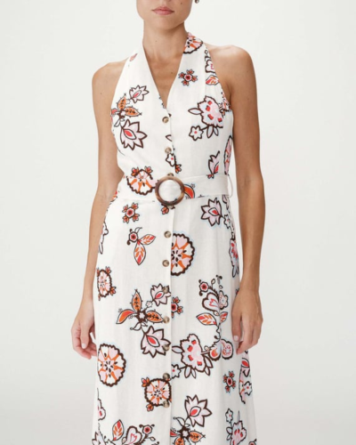 Vestido branco com padrão floral e cinto com fivela
