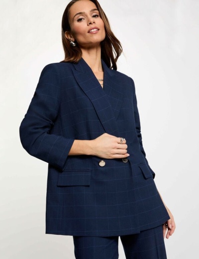 Blazer azul escuro com padrão de quadrícula e botões dourados