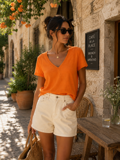Mulher com t-shirt laranja e calções bege em ambiente exterior de café