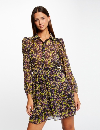 Vestido feminino transparente com estampa floral colorida e manga comprida