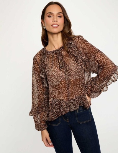 Blusa feminina animal print castanho e preto com folhos e laço na gola