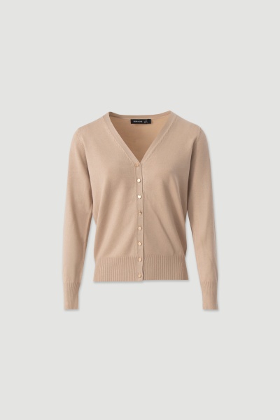 Casaco cardigan bege com botões dourados e gola em V