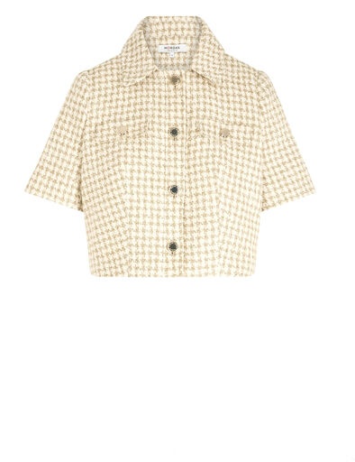 Camisa curta padrão pied-de-poule creme e castanho com botões escuros e bolsos de peito