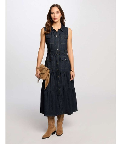 Vestido denim azul escuro comprido sem mangas com botões e cinto