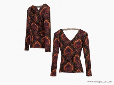 camisola manga comprida padrão barroco decote V correntes douradas