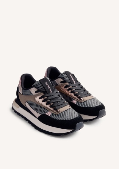 Sapatilhas desportivas GIOSEPPO de malha cinzenta com detalhes castanho claro, preto e rosa glitter, sola branca e atacadores pretos