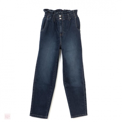 Calças de ganga azul escuro com cintura elástica franzida