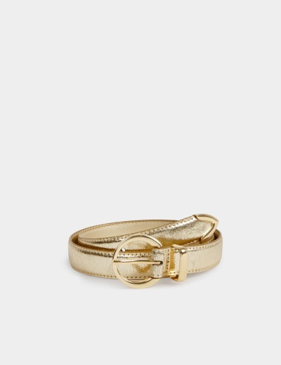 Cinto dourado metálico com fivela redonda