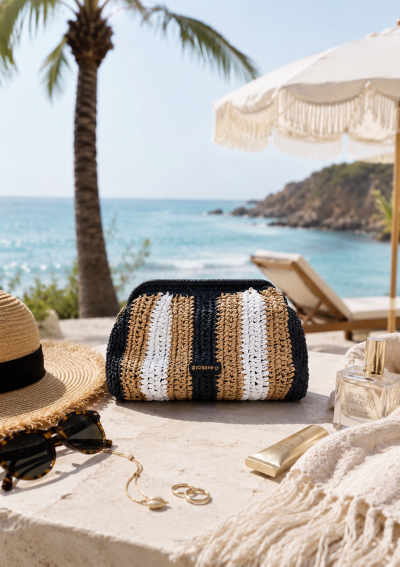 Bolsa de mão trançada azul, bege e branco sobre mesa de pedra com chapéu, óculos, perfume e vista para o mar