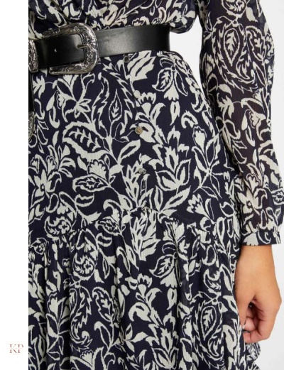 Vestido florido azul escuro e branco com cinto preto