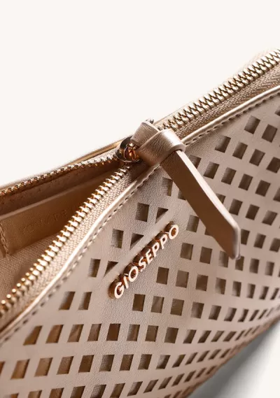 Mala de mão bege em pele com padrão quadrado recortado e logo GIOSEPPO