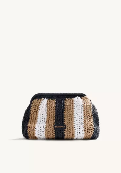Clutch trançada em ráfia com riscas pretas, brancas e castanhas, etiqueta JOSEPP O.