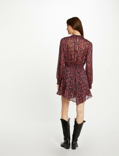 Vestido feminino floral curto com mangas compridas visto de costas