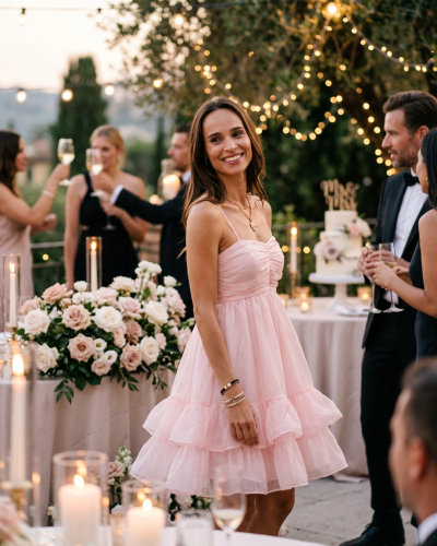 Mulher com vestido rosa claro de festa com alças finas, ambiente exterior decorado com flores e velas