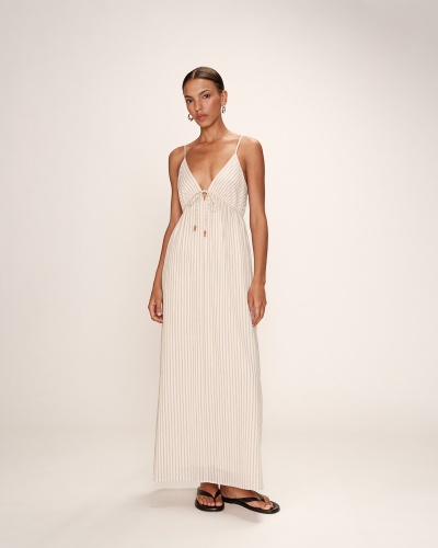 Vestido comprido listrado branco e bege com alças finas