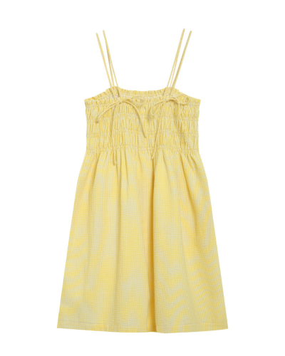 Vestido amarelo claro com padrão xadrez e alças finas duplas