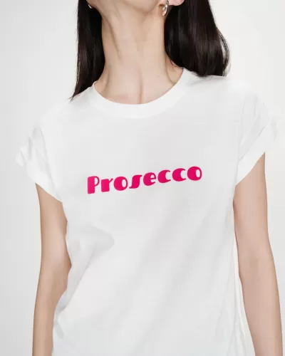T-shirt branca com texto rosa Prosecco