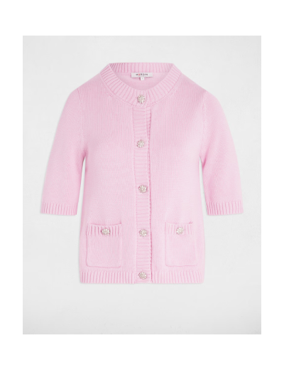 Camisola de malha rosa com botões decorativos florais e bolsos frontais