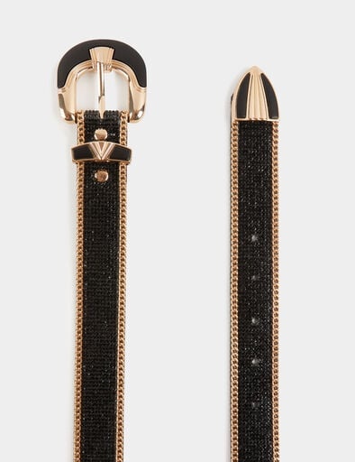 Cinto preto com fivela dourada e detalhes pretos