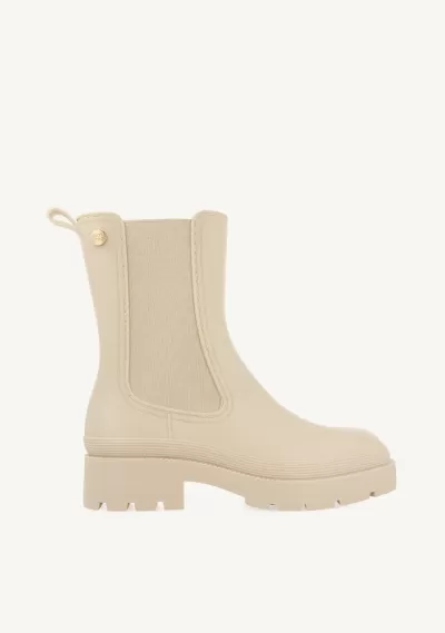 Bota bege cano médio com sola grossa e elástico lateral