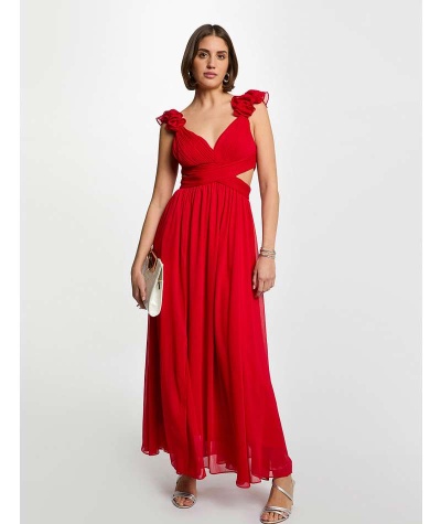 Vestido longo vermelho com alças de babado e recortes na cintura