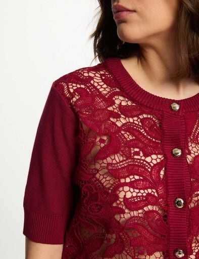 Cardigã feminino vermelho com renda e botões prateados